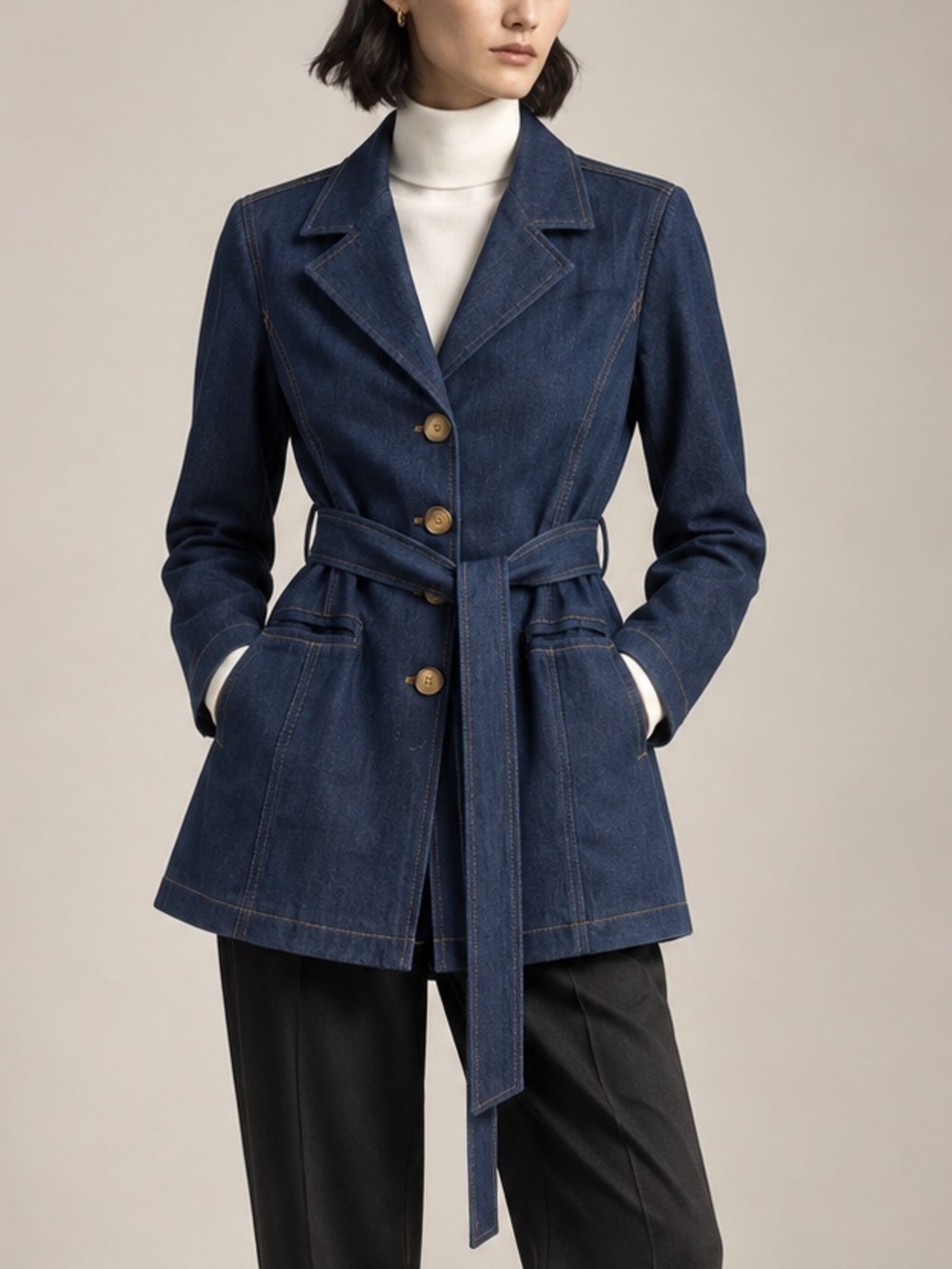NIA Women's Dark Blue Denim Belted Jacket Size S